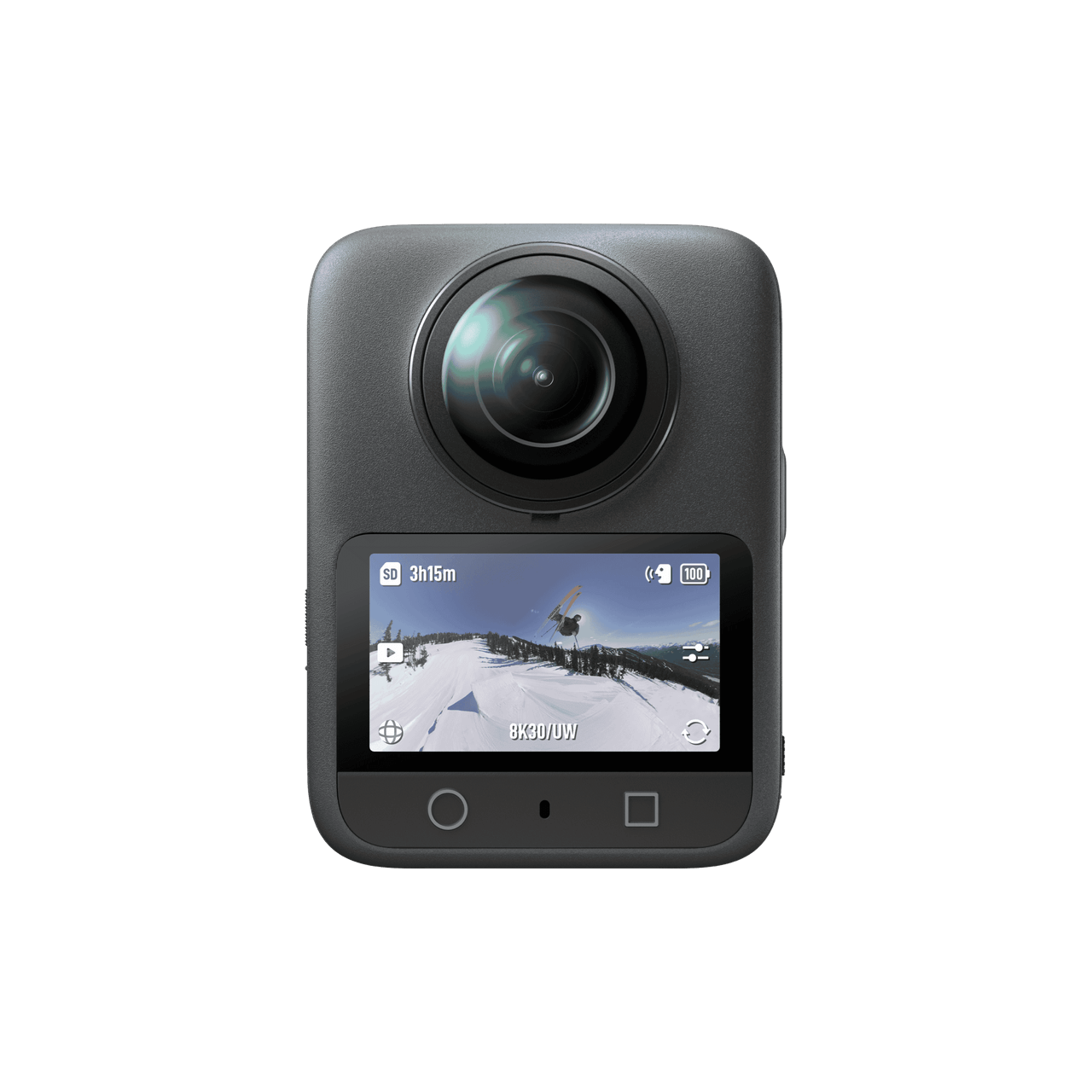 Osmo 360 Action camera with display screen on a black background