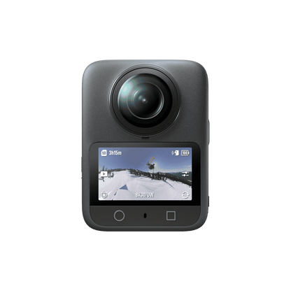 Osmo 360 Action camera with display screen on a black background