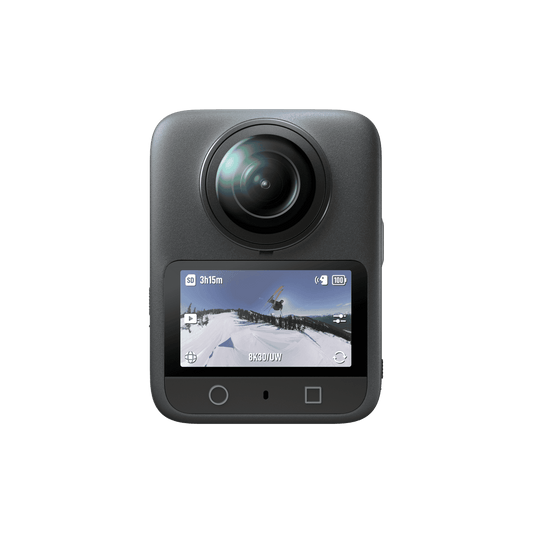 Osmo 360 Action camera with display screen on a black background