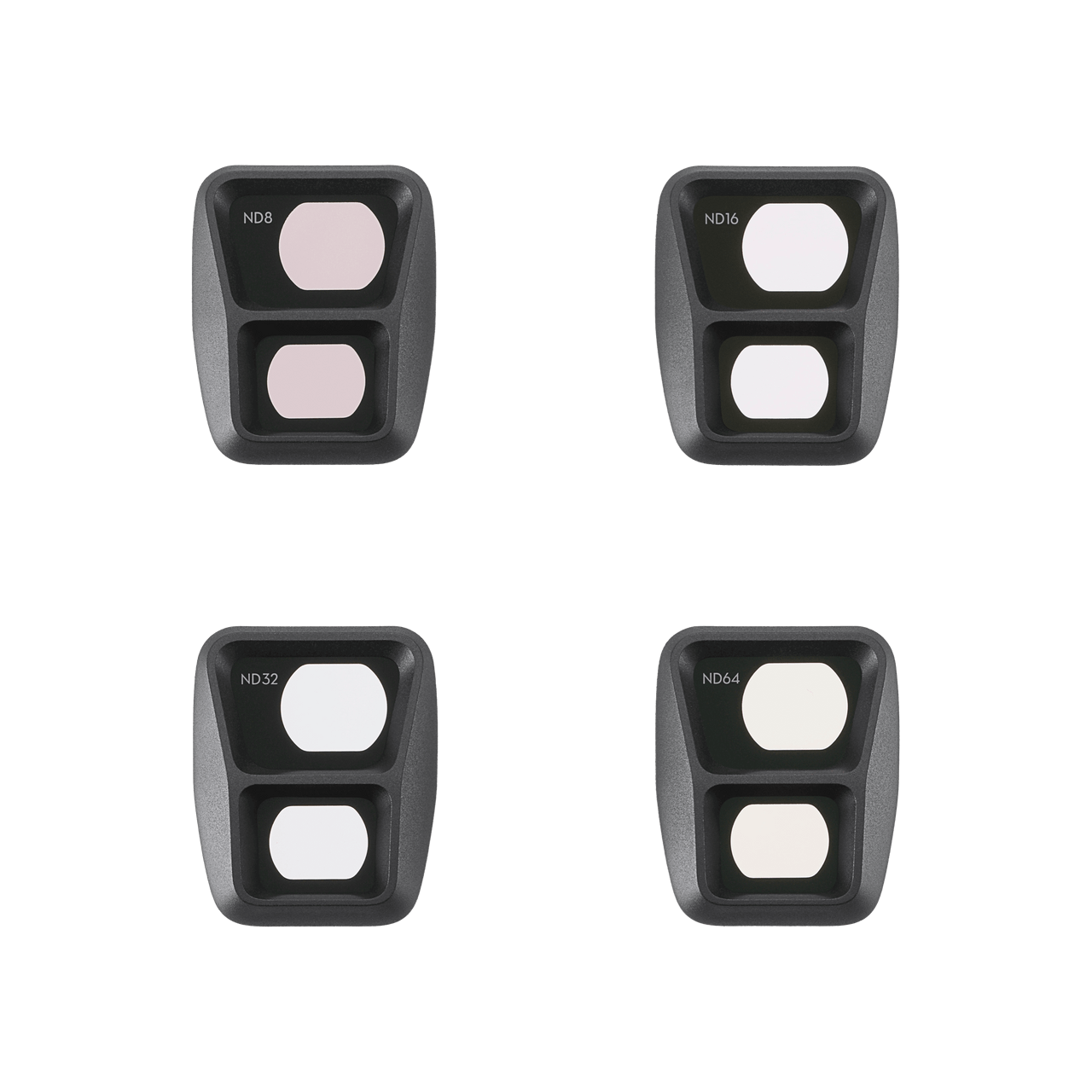 Four black ND filter cases with white labels on a transparent background