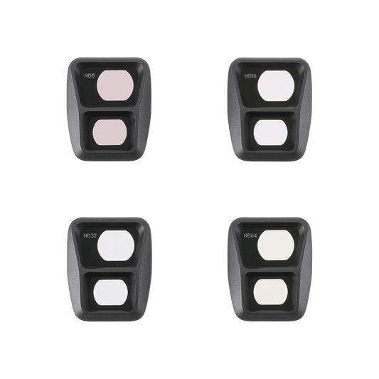 Four black ND filter cases with white labels on a transparent background