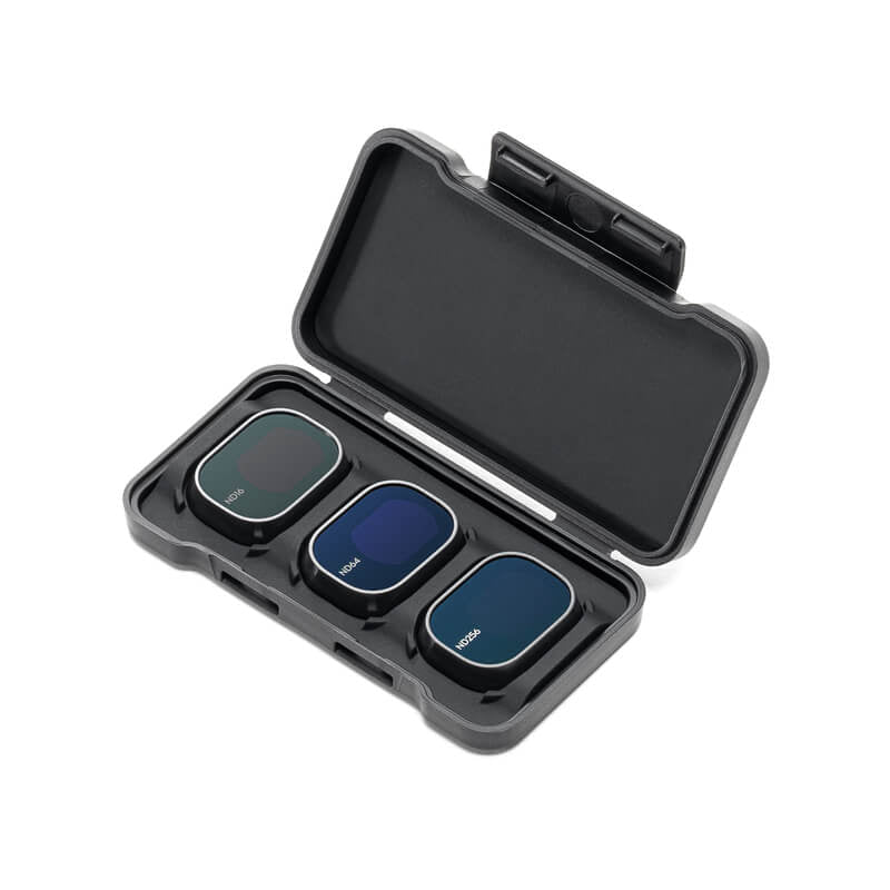 Black case with three blue filters on a white background