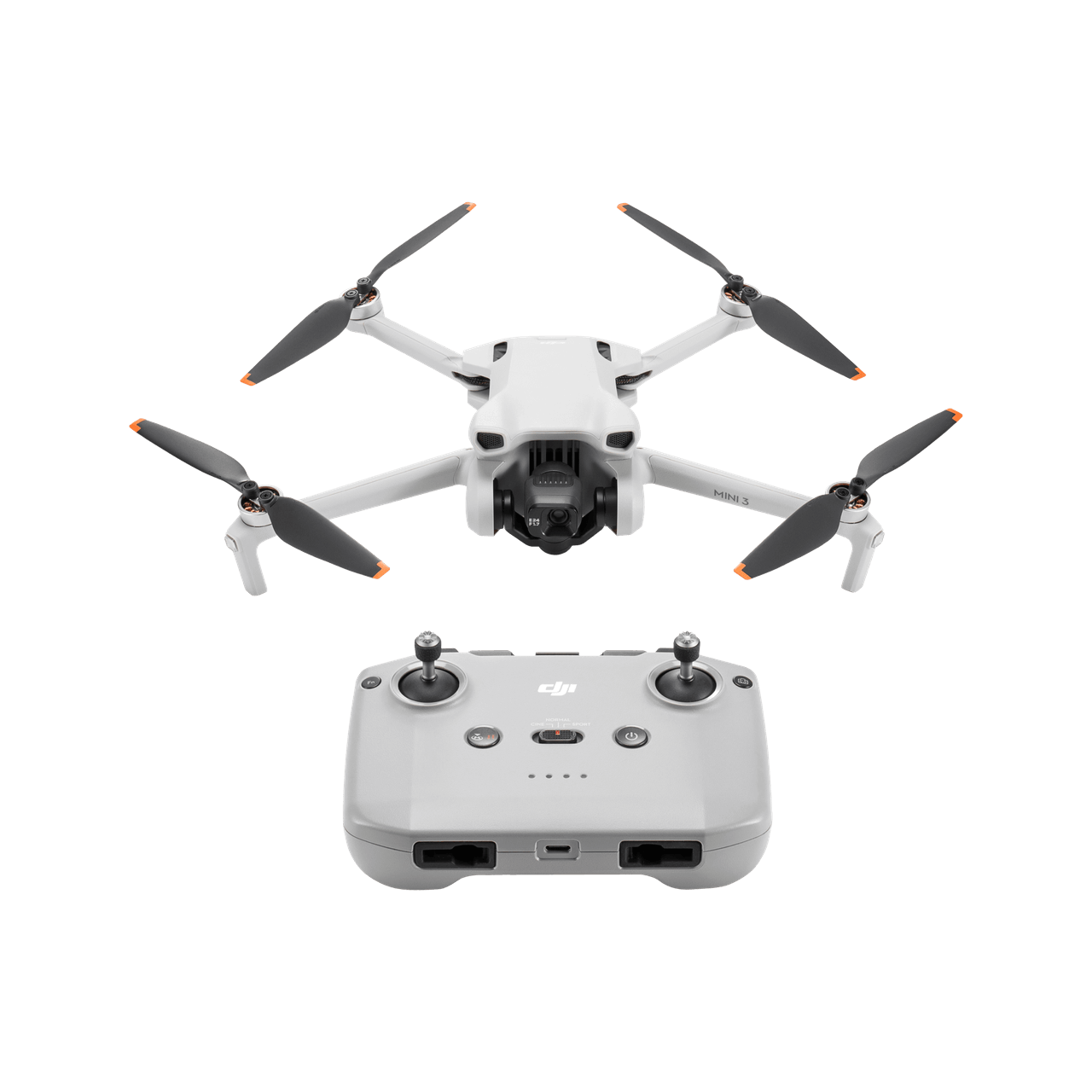 DJI mini 3 White drone with four propellers and a remote control on a black background