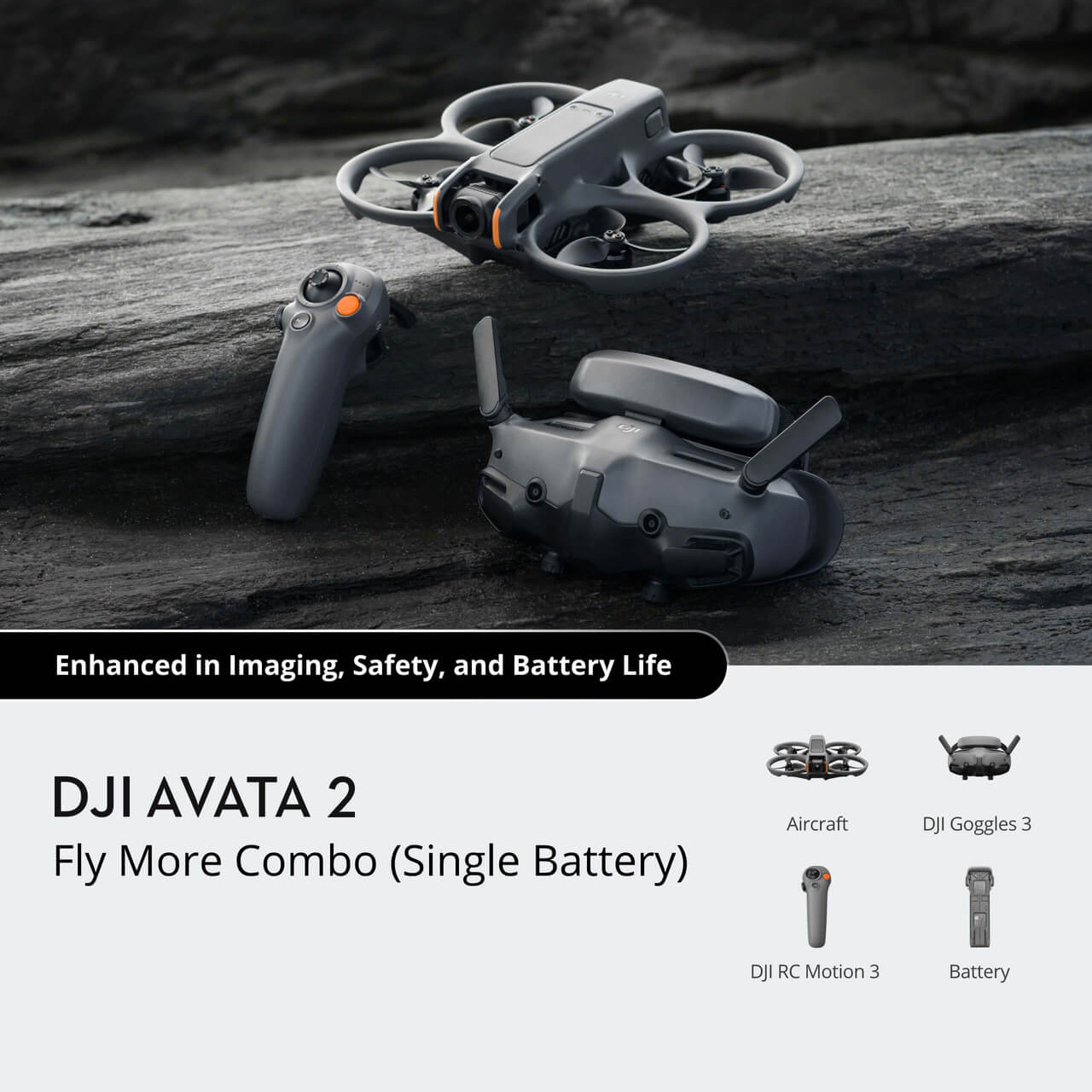 DJI AVATA 2 drone and controller on a rocky surface with product features highlighted.