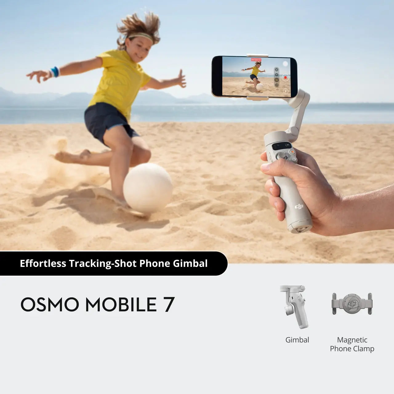 Person using a DJI Osmo Mobile 7 Smartphone Gimbal to record a child playing soccer on the beach.