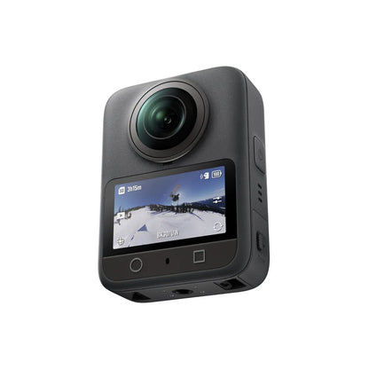 Osmo 360 Action camera with screen displaying a snowy landscape on a white background