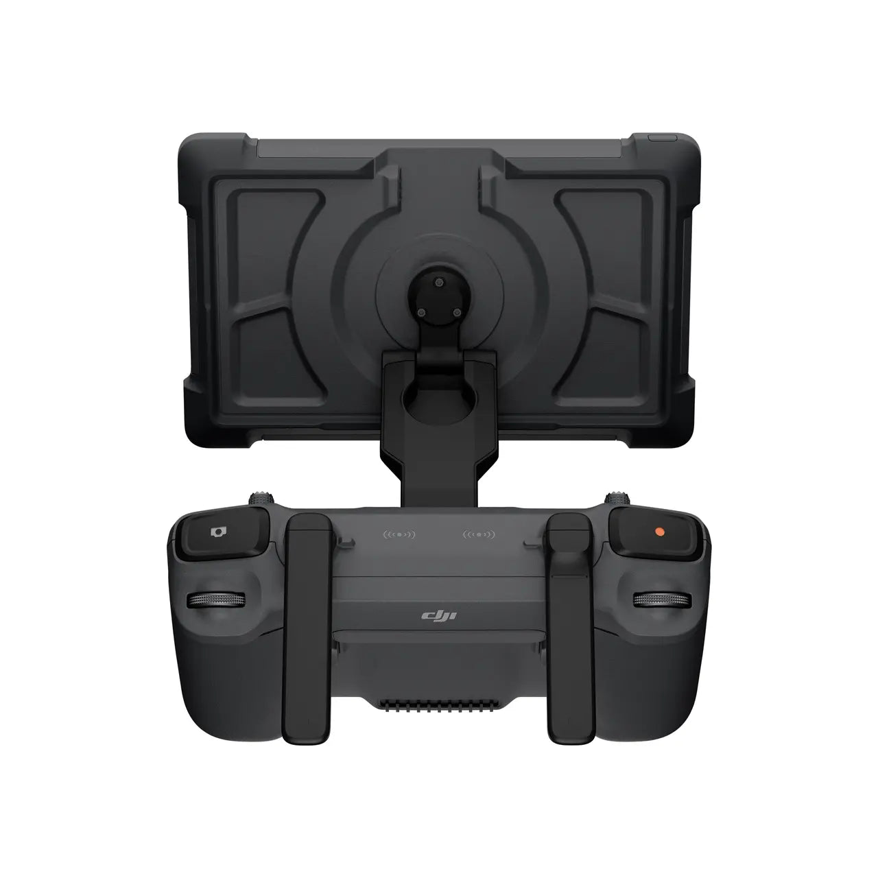 Black tablet stand and game controller with DJI logo on a white background