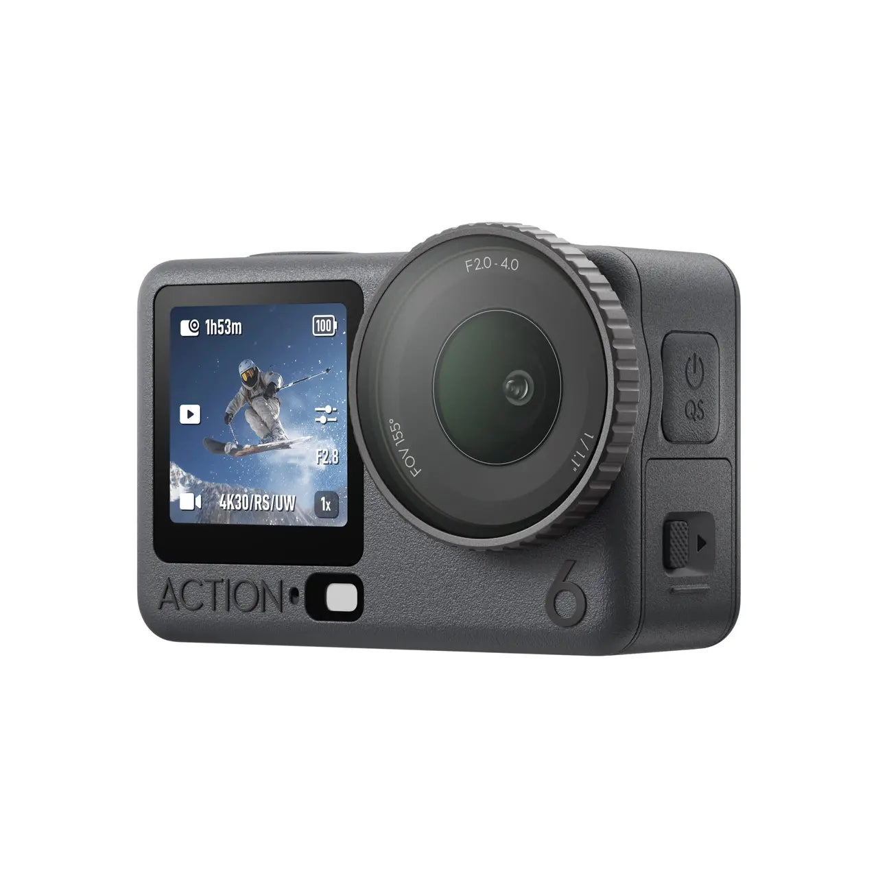 Action camera with display screen on a white background