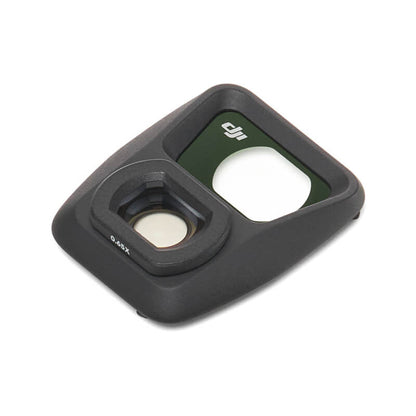 Black camera lens cover with 'DJI' branding on a white background